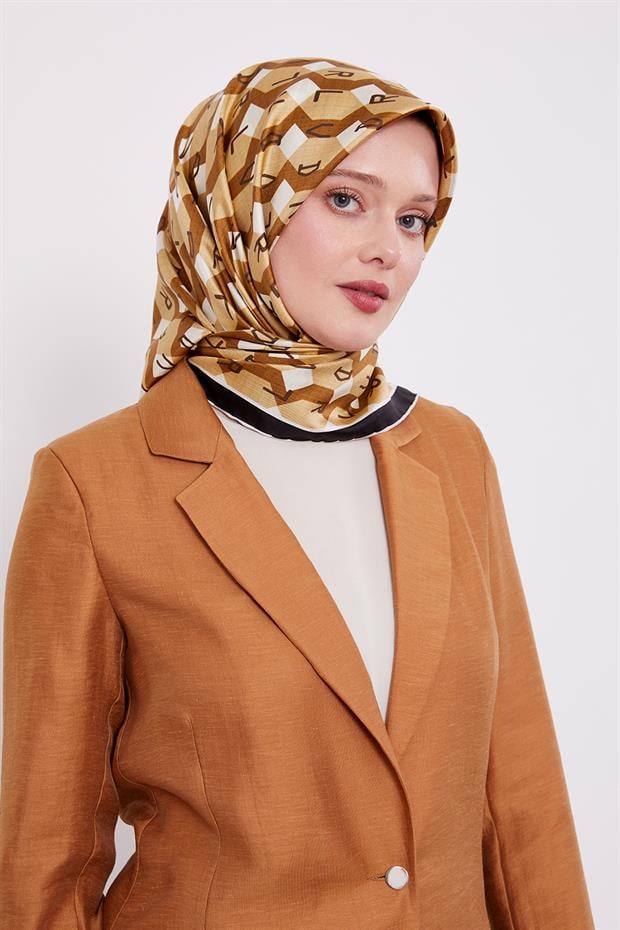 Hardal Petek Baskılı Twill İpek Eşarp