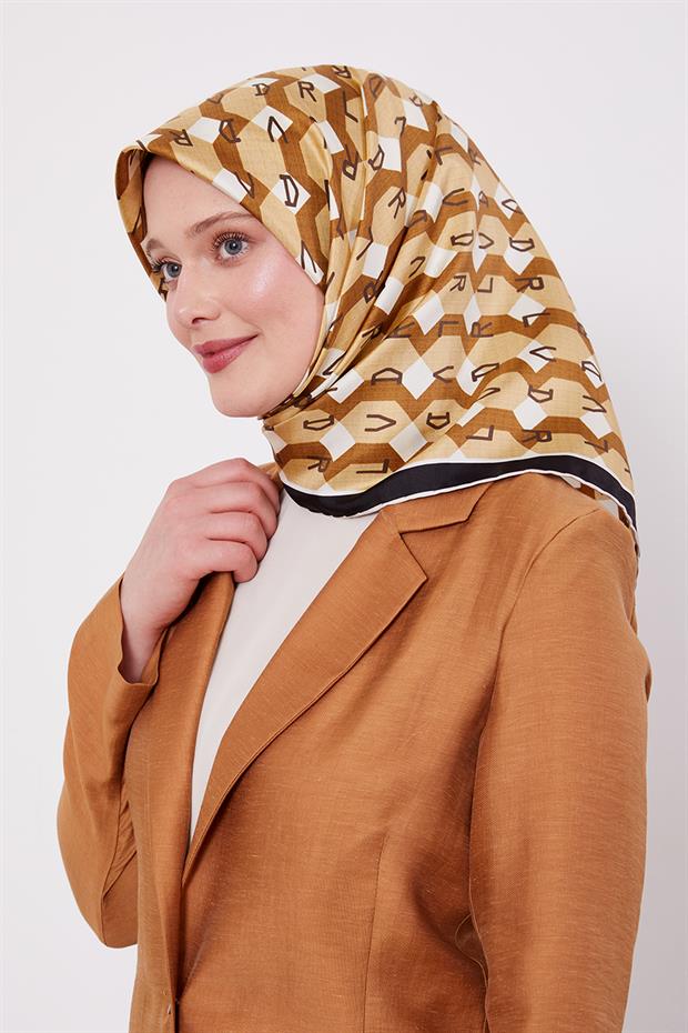 Hardal Petek Baskılı Twill İpek Eşarp