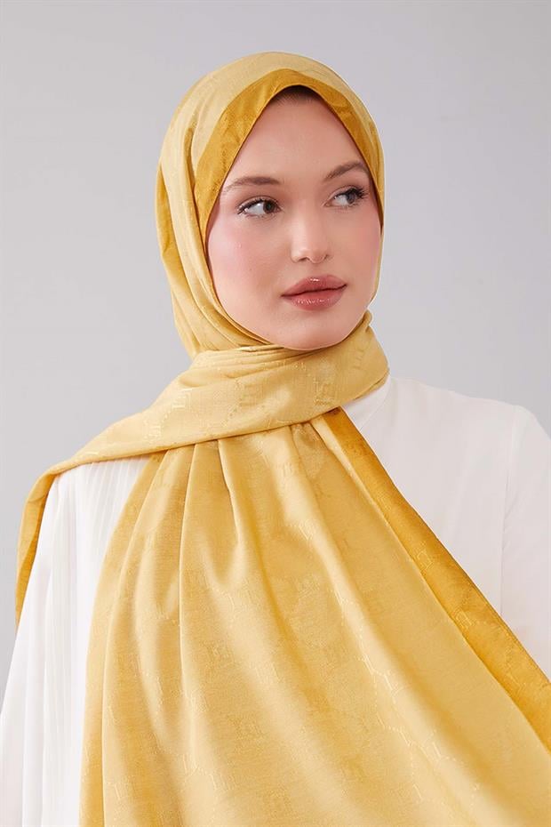 Hardal Petek İşlemeli Monogram Şal