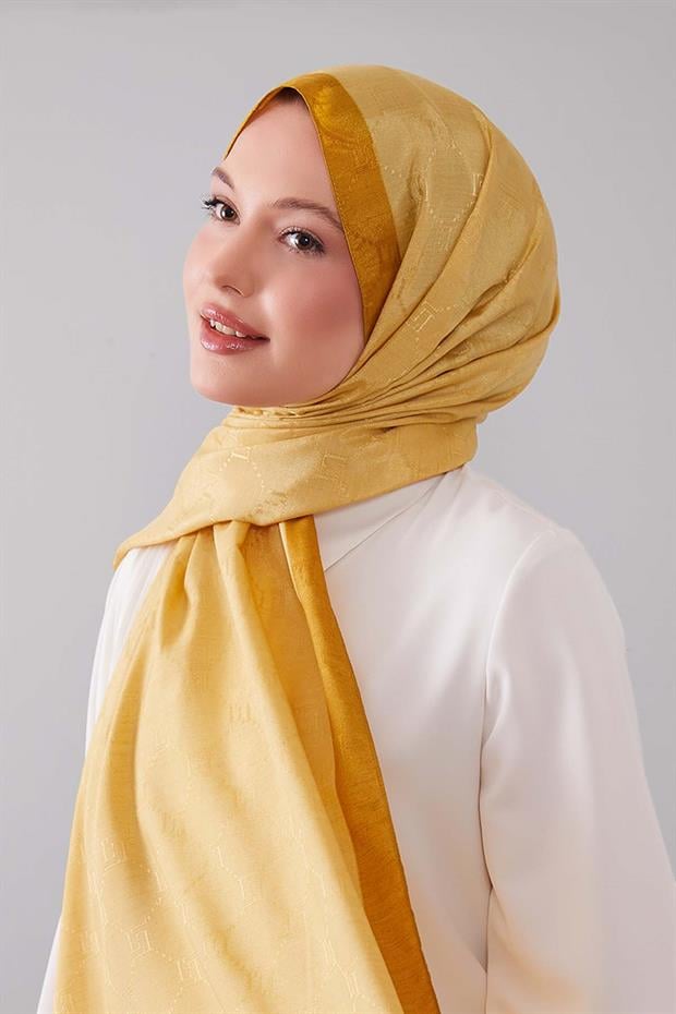 Hardal Petek İşlemeli Monogram Şal