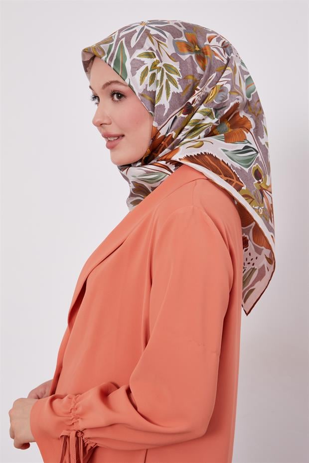 Hardal Petunya Desen Twill İpek Eşarp