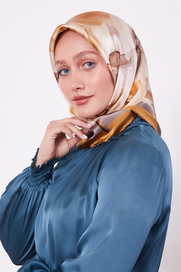 Hardal Soft Çiçek Desen Sura İpek Eşarp