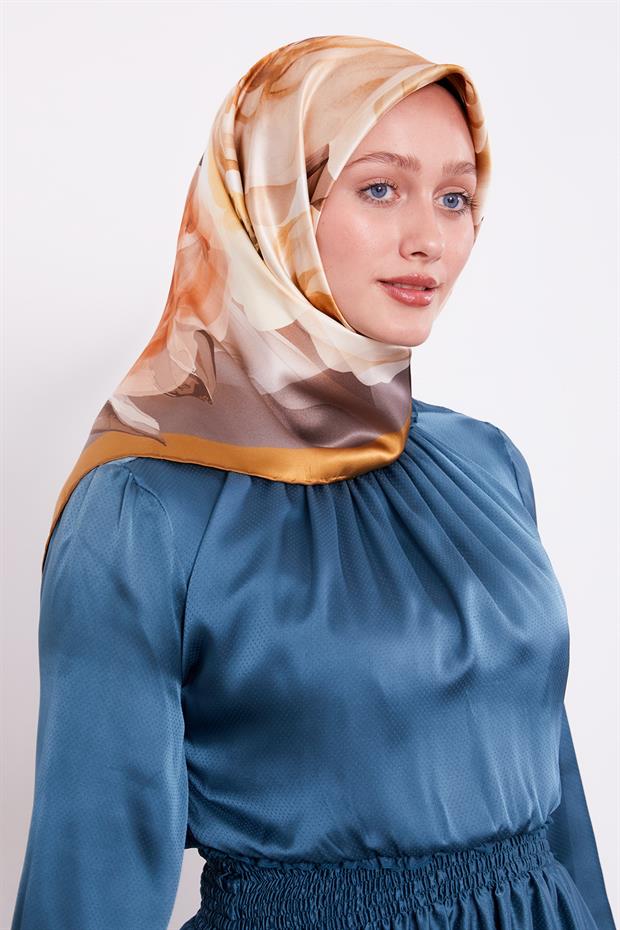 Hardal Soft Çiçek Desen Sura İpek Eşarp