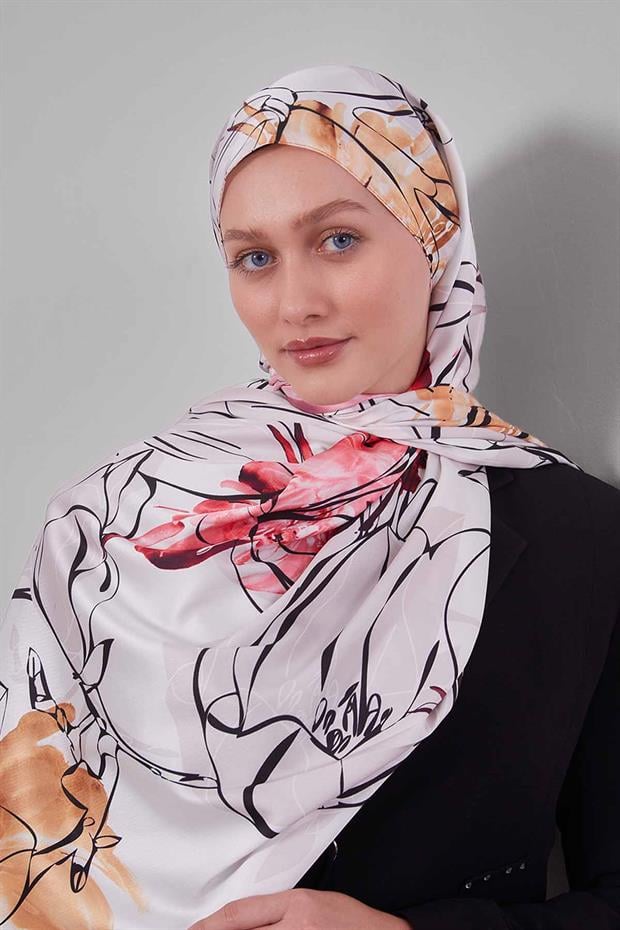 Hardal Soyut Çiçek Desen Twill Şal