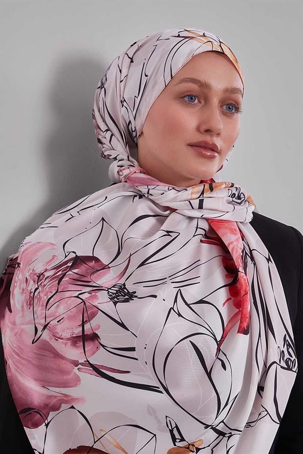 Hardal Soyut Çiçek Desen Twill Şal