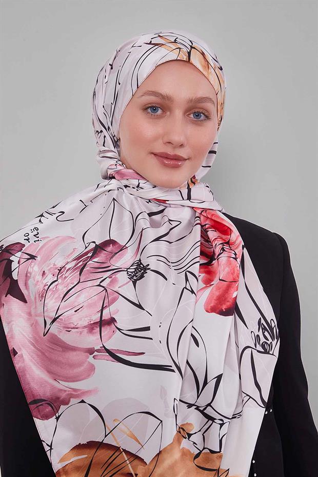 Hardal Soyut Çiçek Desen Twill Şal