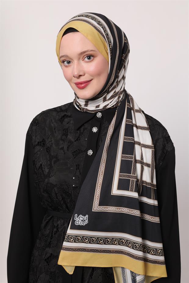 Hardal Şeritli Varak Desen Love Şal