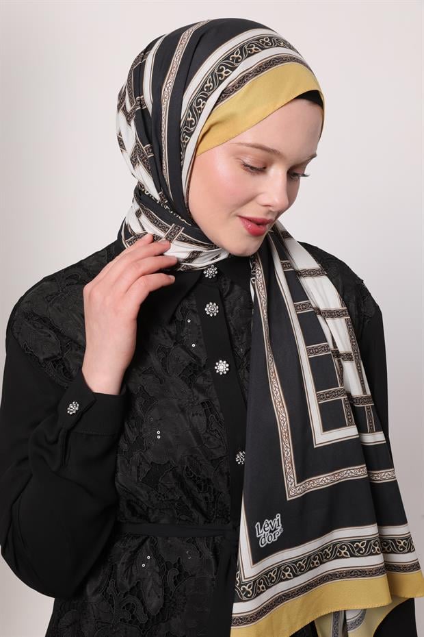 Hardal Şeritli Varak Desen Love Şal