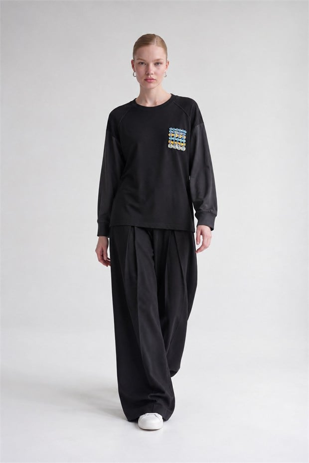 İki İplik İnce Sweatshirt Siyah