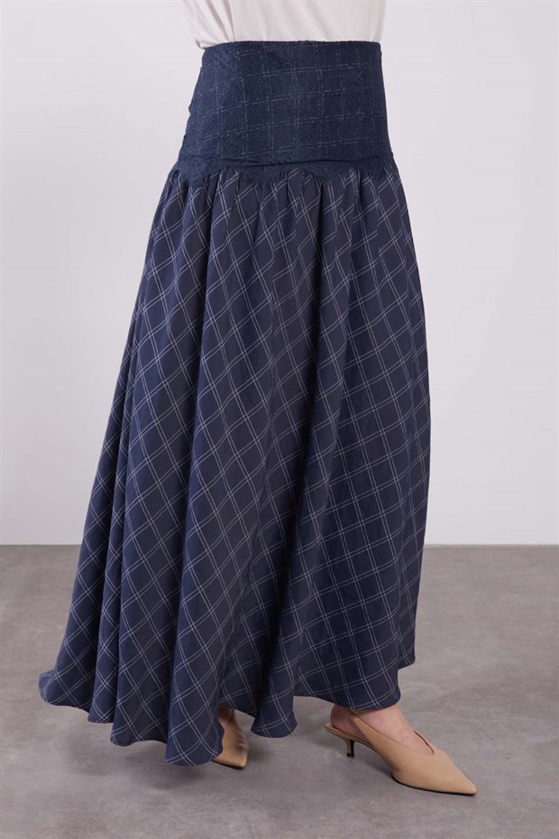 İndigo Bel Dantel Detaylı Etek Takım