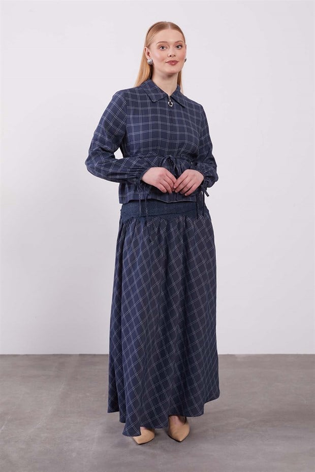 İndigo Bel Dantel Detaylı Etek Takım