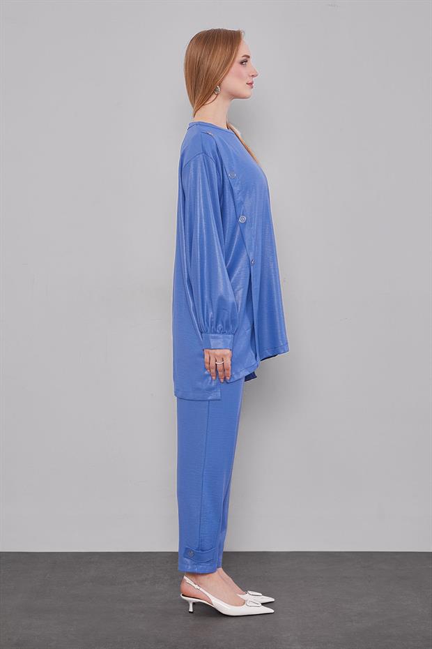İndigo Bisiklet Yaka Düğme Detaylı İkili Takım
