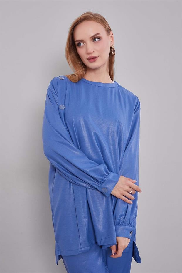 İndigo Bisiklet Yaka Düğme Detaylı İkili Takım