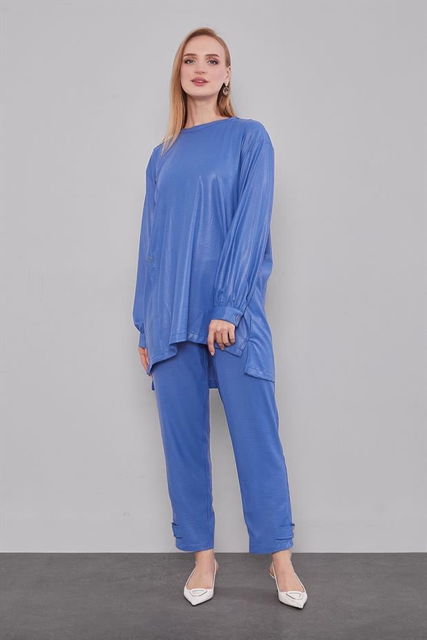 İndigo Bisiklet Yaka Düğme Detaylı İkili Takım