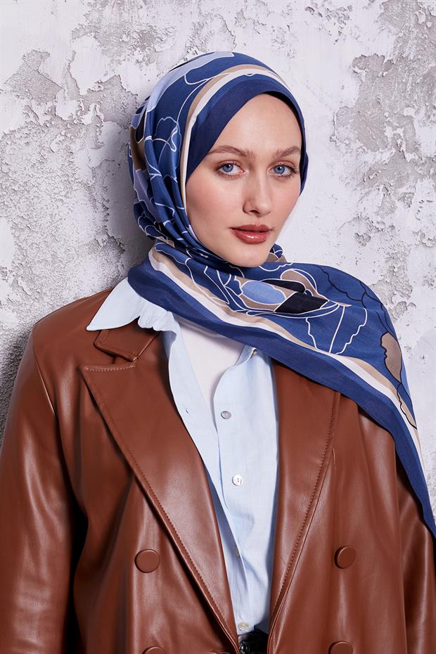 İndigo Çiçek Desen Royal Şal