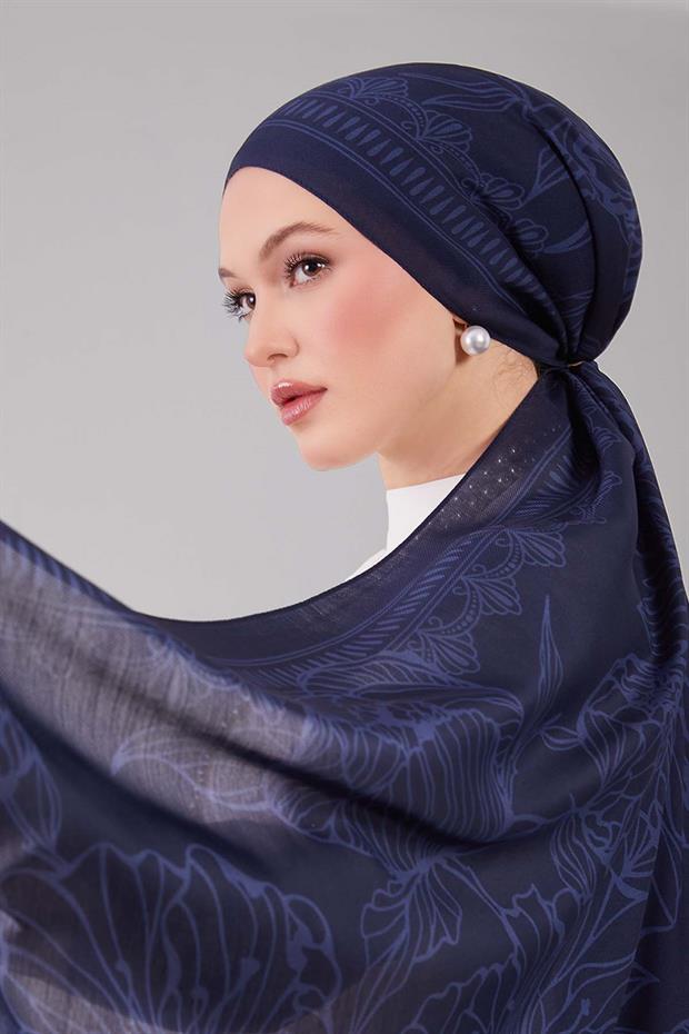 İndigo Çiçek Desenli Yün İpek Şal