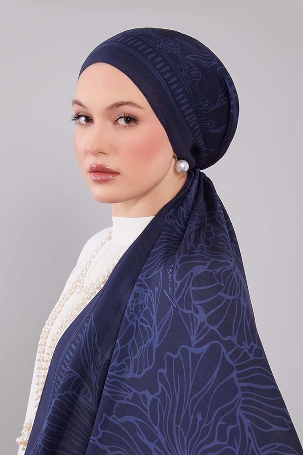 İndigo Çiçek Desenli Yün İpek Şal