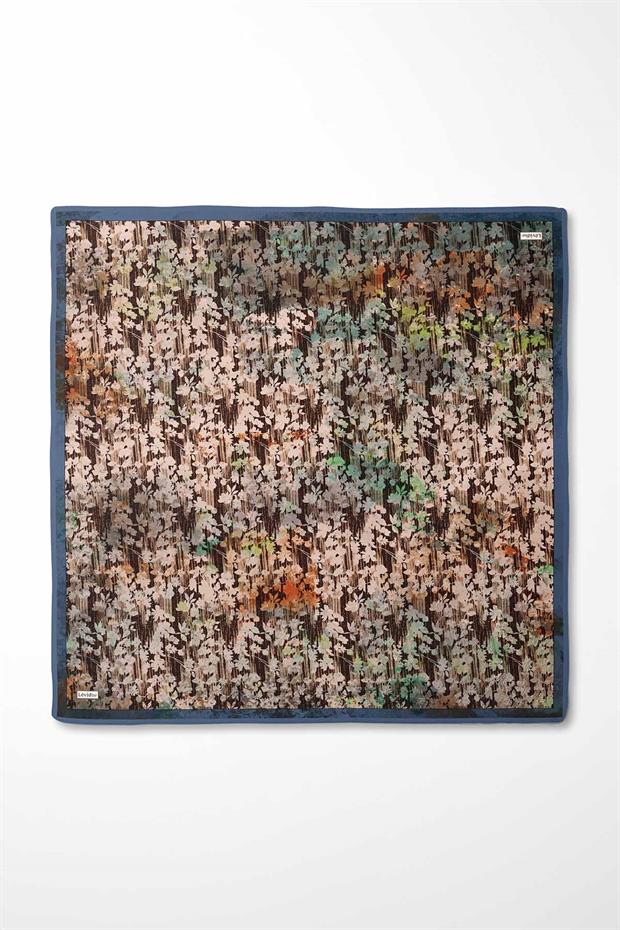 İndigo Çiçekli Soyut Desen Twill İpek Eşarp