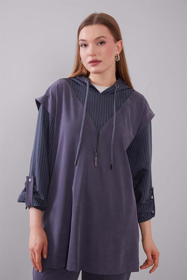 İndigo Çizgi Detaylı Kapüşonlu İkili Takım