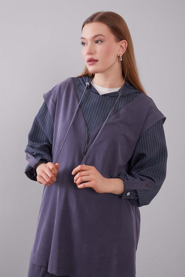 İndigo Çizgi Detaylı Kapüşonlu İkili Takım