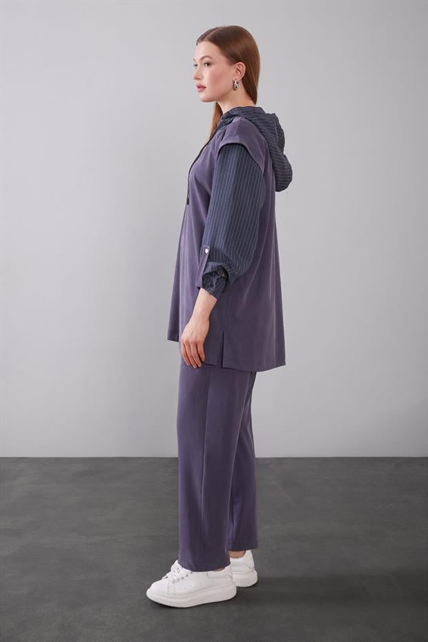 İndigo Çizgi Detaylı Kapüşonlu İkili Takım