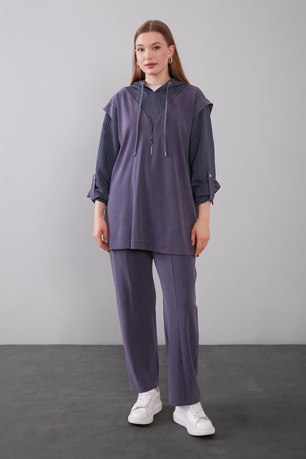 İndigo Çizgi Detaylı Kapüşonlu İkili Takım