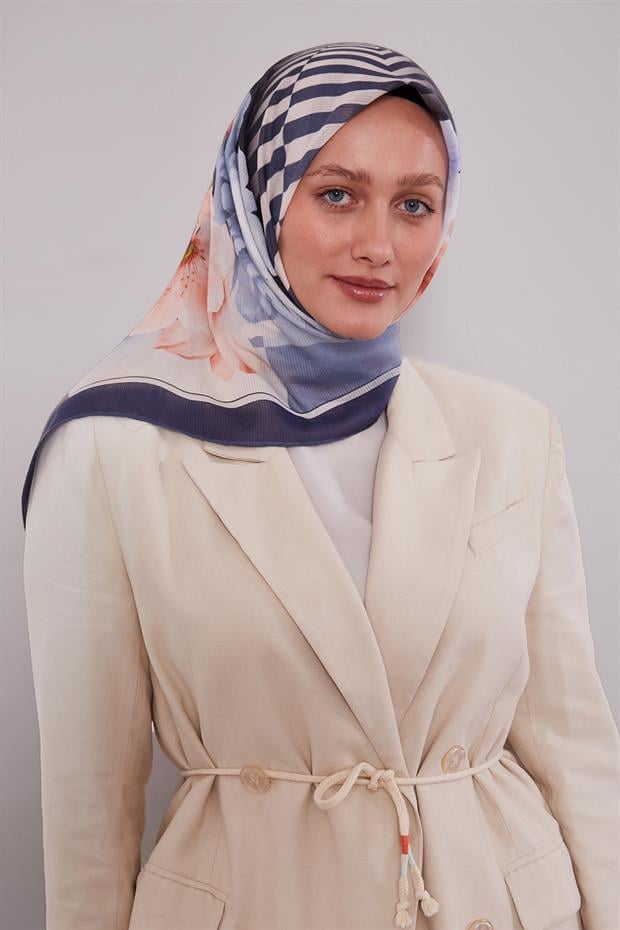 İndigo Çizgili Çiçek Desen Pamuk Eşarp