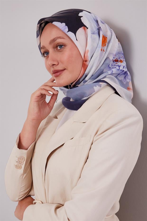 İndigo Çizgili Çiçek Desen Pamuk Eşarp