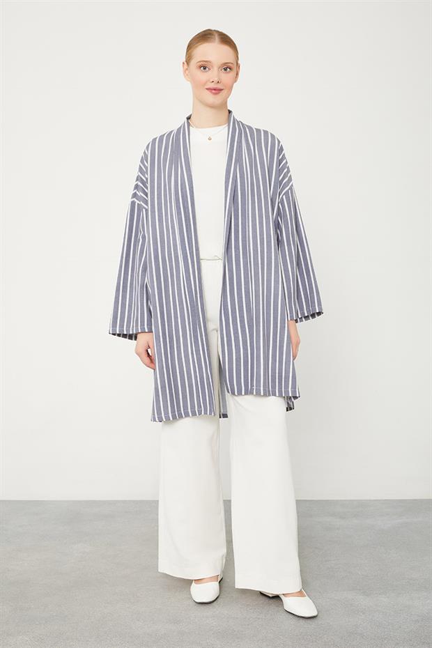 İndigo Çizgili Desen Kimono Takım