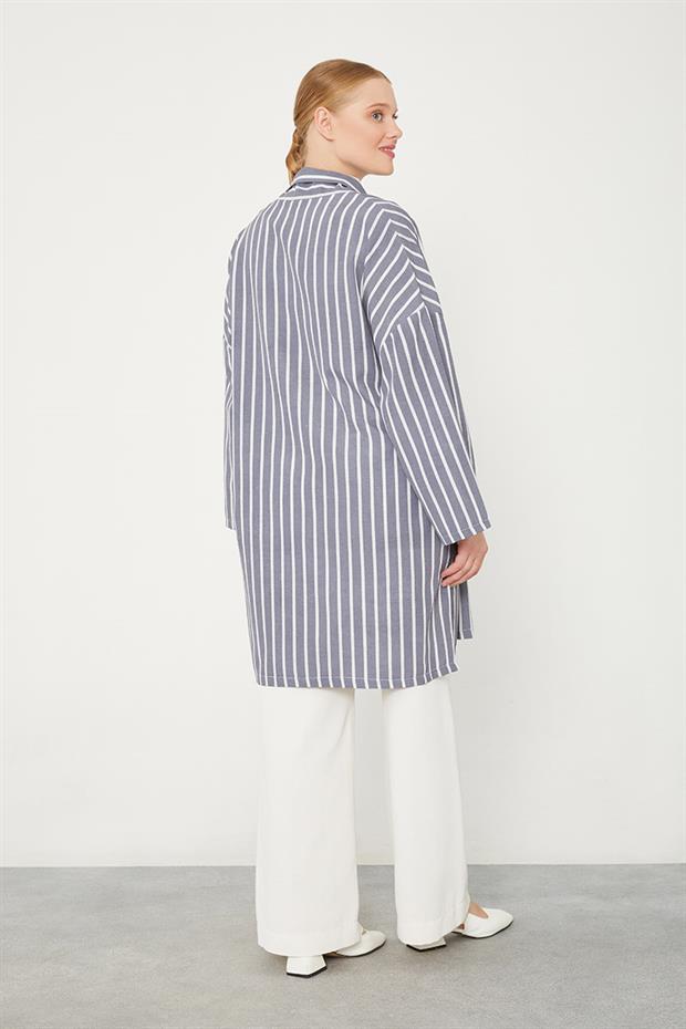 İndigo Çizgili Desen Kimono Takım