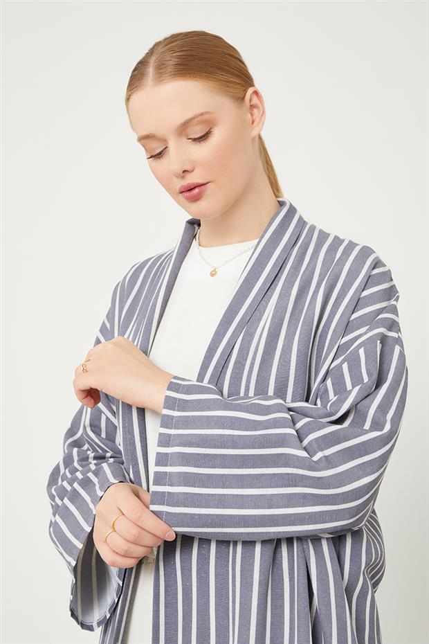 İndigo Çizgili Desen Kimono Takım