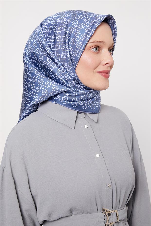 İndigo Çizgili Sarmal Desen Twill İpek Eşarp