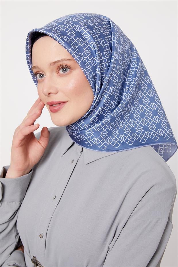 İndigo Çizgili Sarmal Desen Twill İpek Eşarp