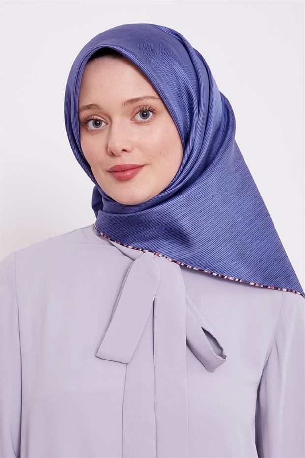 İndigo Çizgili Twill İpek Eşarp