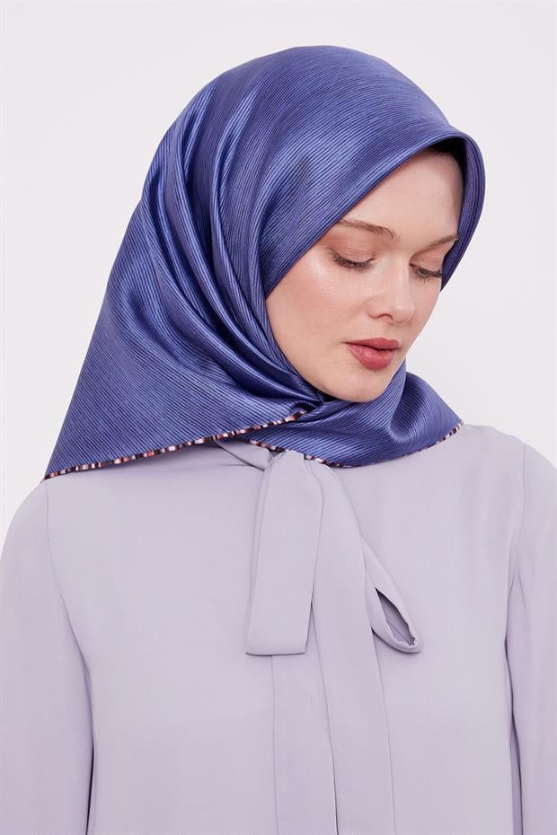 İndigo Çizgili Twill İpek Eşarp