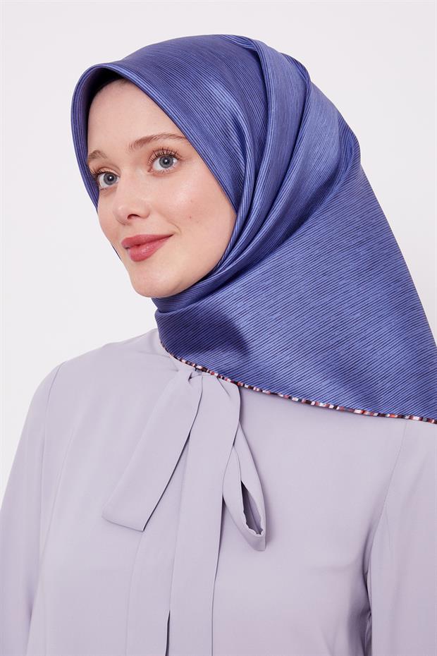 İndigo Çizgili Twill İpek Eşarp