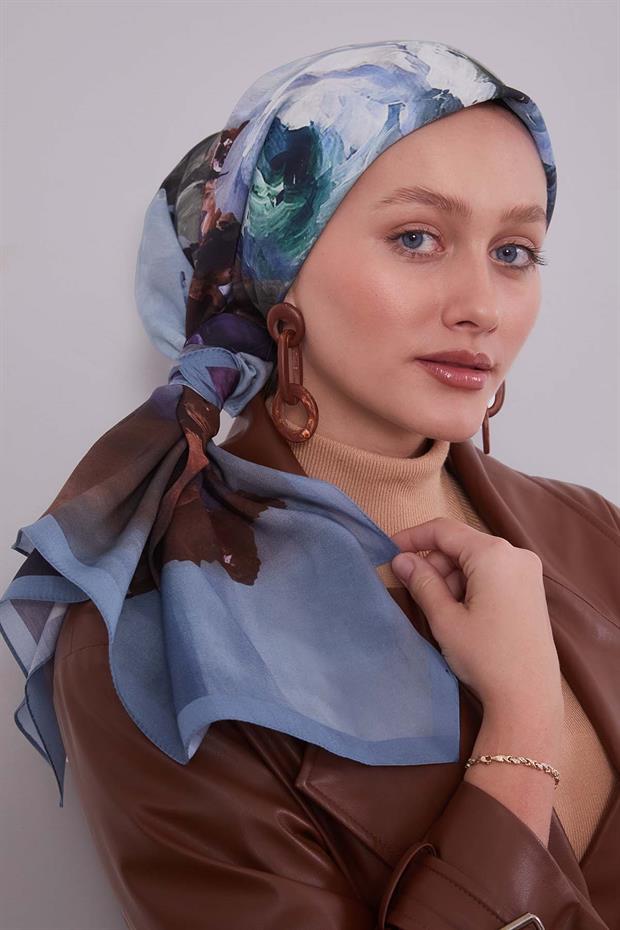 İndigo Dal Çiçek Aura Eşarp