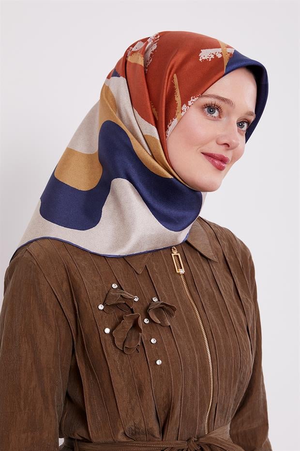 İndigo Yuvarlak Desen Twill İpek Eşarp