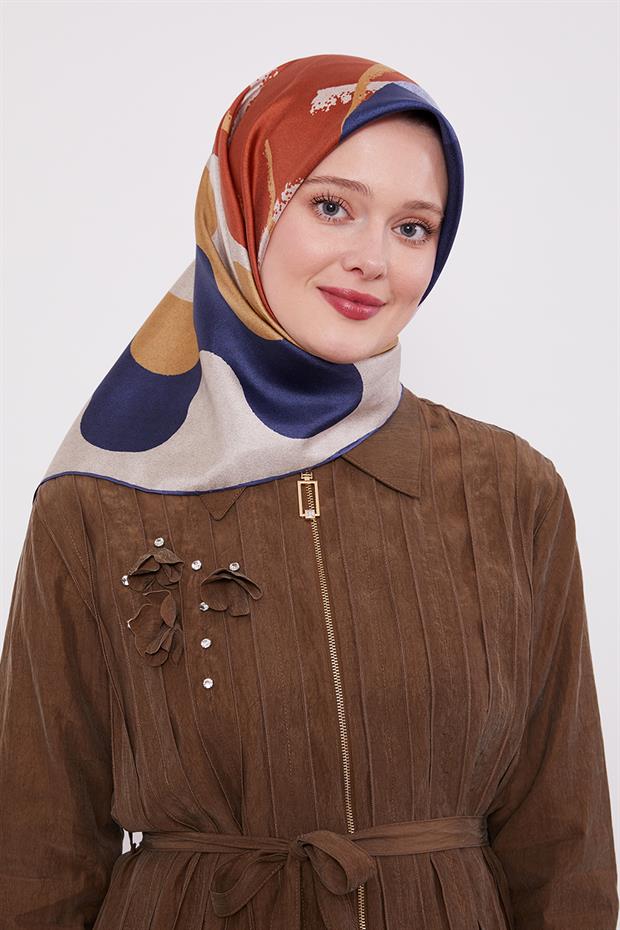 İndigo Yuvarlak Desen Twill İpek Eşarp