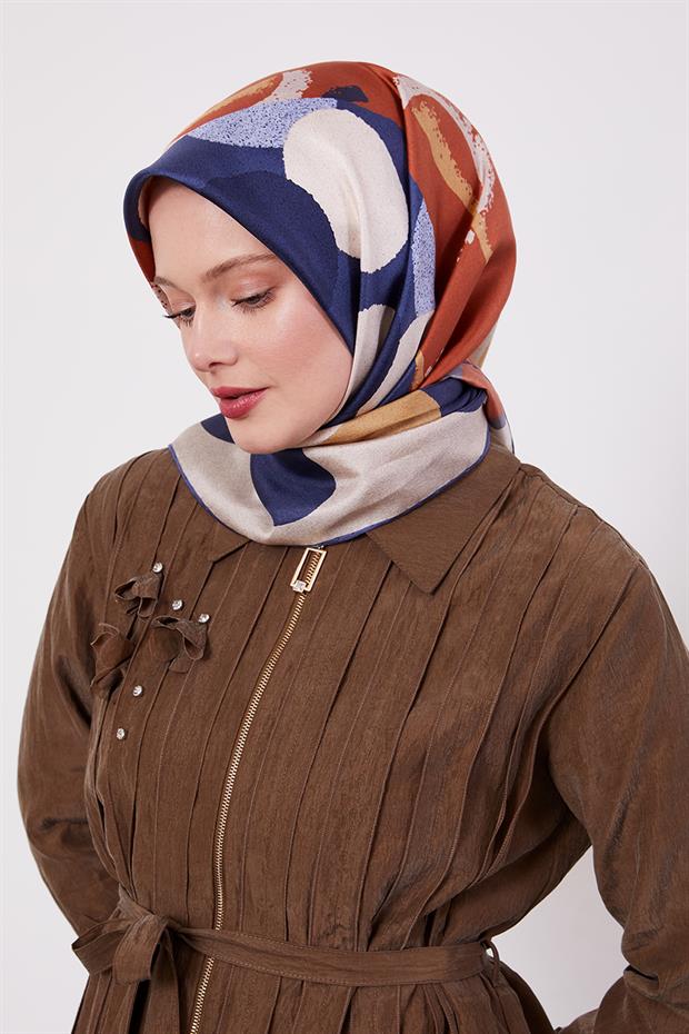 İndigo Yuvarlak Desen Twill İpek Eşarp