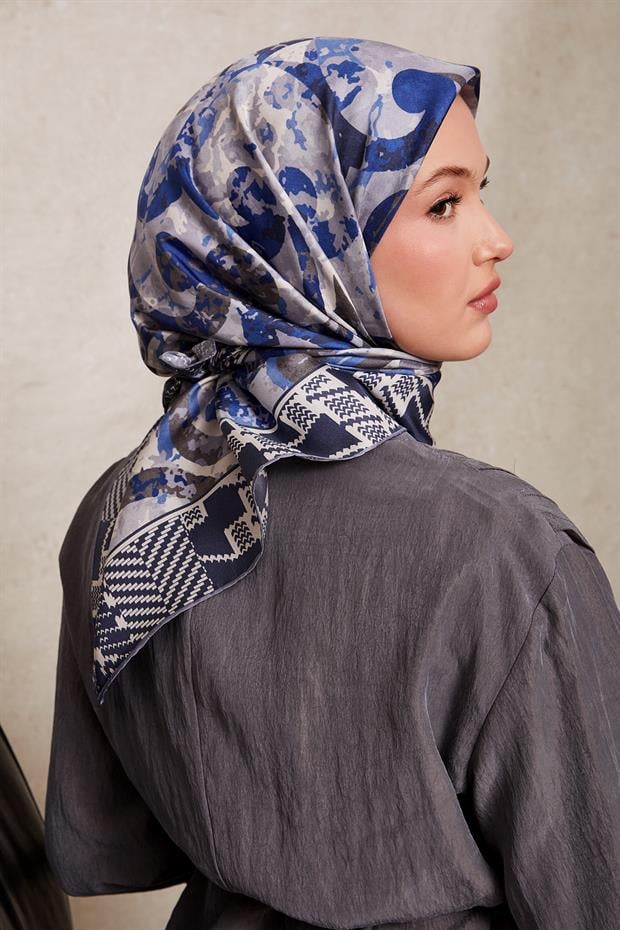 İndigo Desenli Twill İpek Eşerp