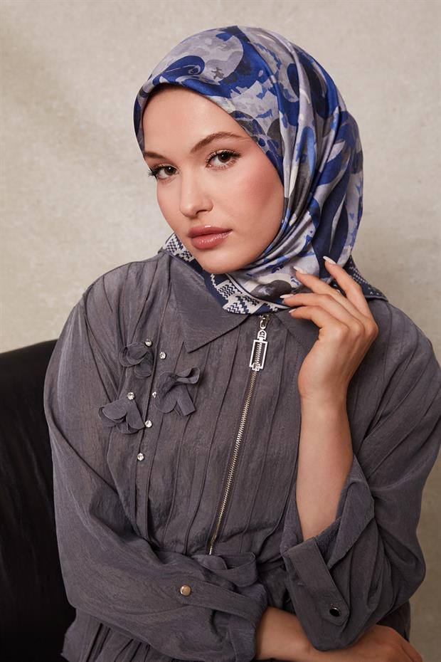 İndigo Desenli Twill İpek Eşerp