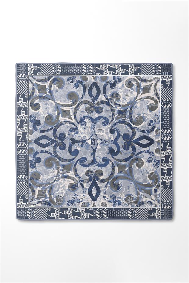İndigo Desenli Twill İpek Eşerp