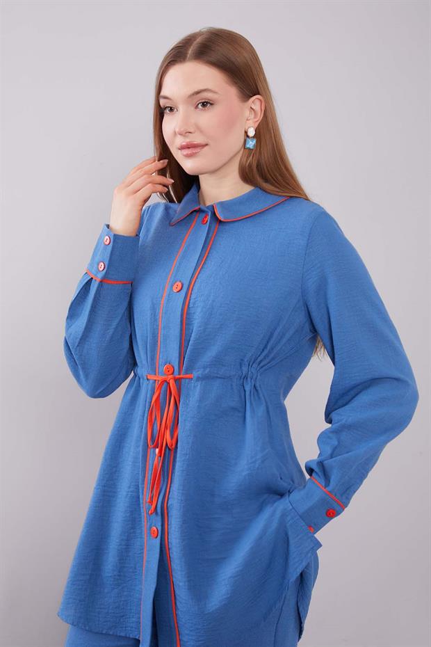 İndigo Düğmeli Bel Bağlama Detaylı İkili Takım