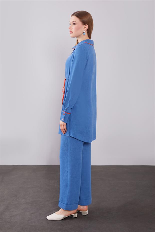 İndigo Düğmeli Bel Bağlama Detaylı İkili Takım