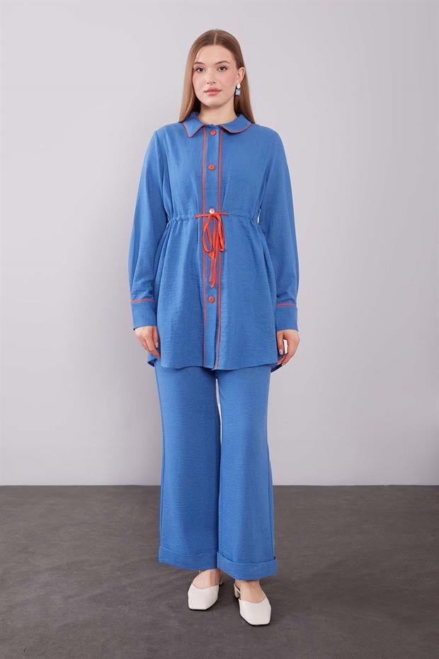 İndigo Düğmeli Bel Bağlama Detaylı İkili Takım
