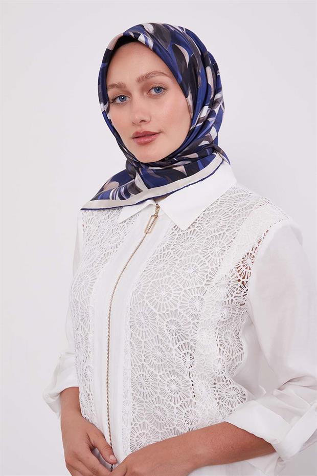 İndigo Ebruli Desen Twill İpek Eşarp
