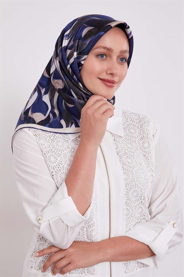 İndigo Ebruli Desen Twill İpek Eşarp