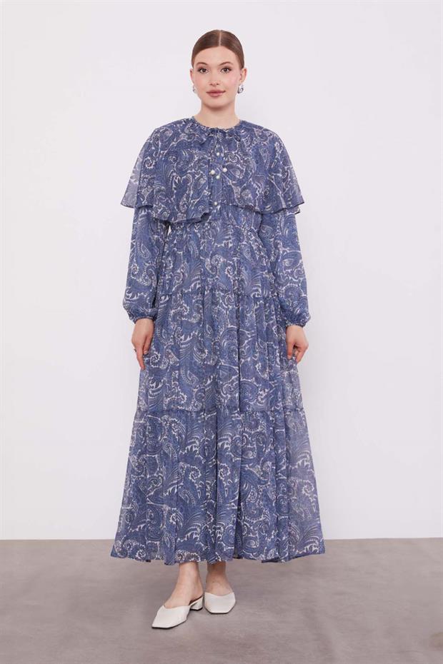 İndigo Etnik Desenli Şifon Elbise