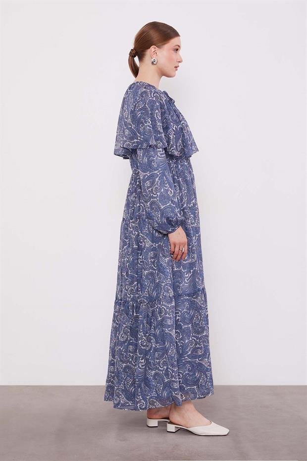 İndigo Etnik Desenli Şifon Elbise